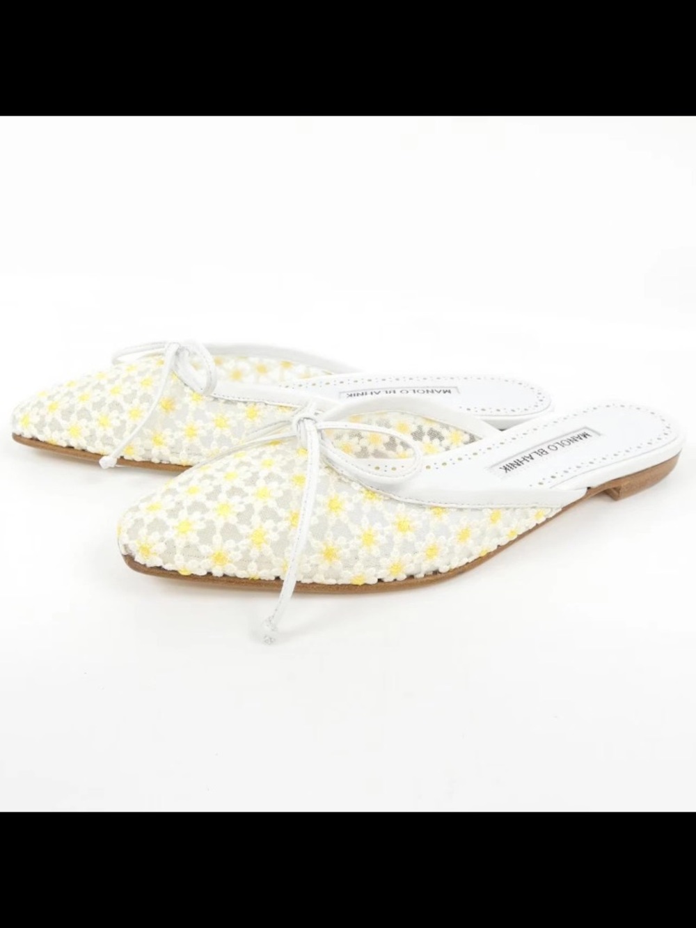 Manolo Blahnik Floral Mesh Bow Mule Flats White/yellow EU 38